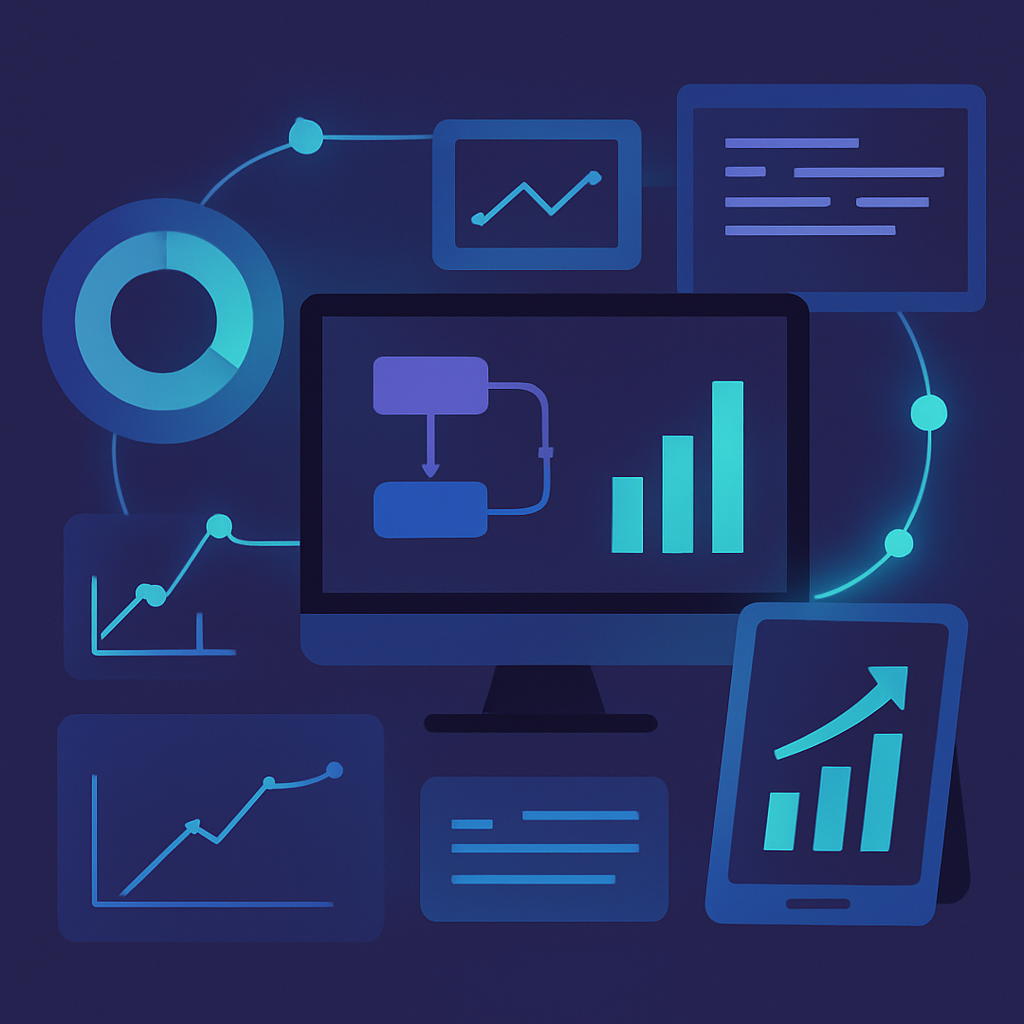 Futuristic illustration of automation metrics with connected workflows and analytics