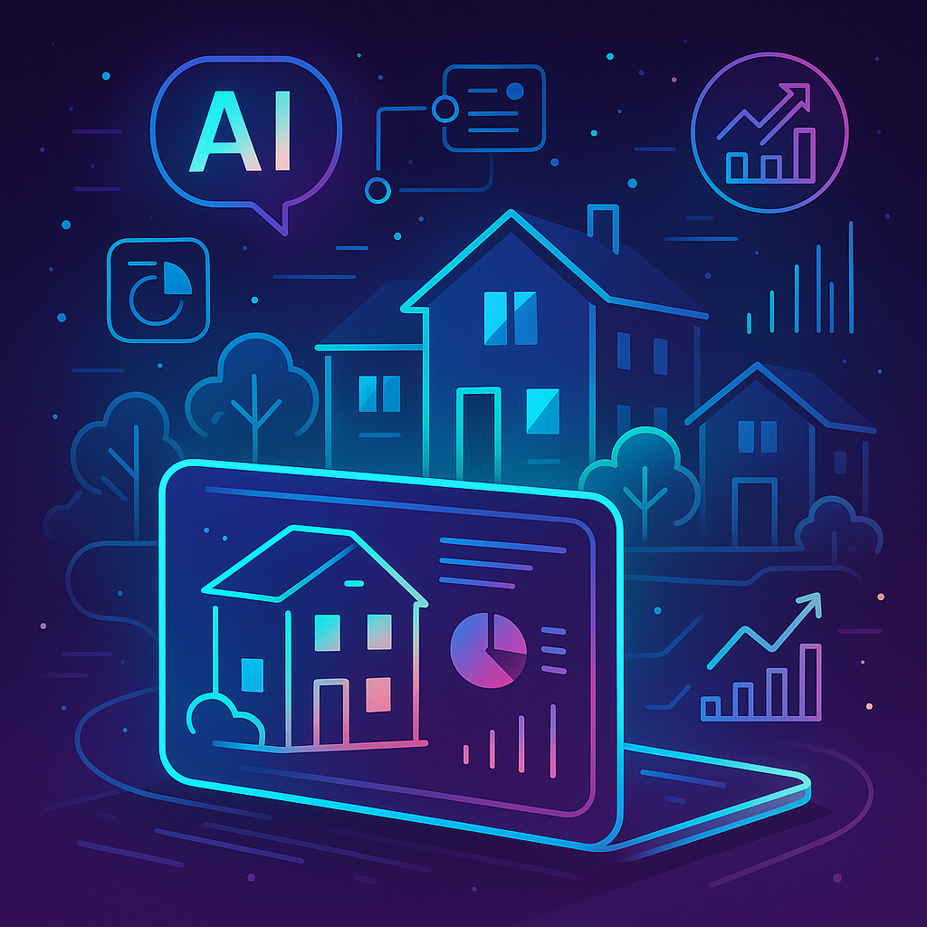 Digitaalne illustratsioon, mis kujutab tehisintellekti rakendamist üürikinnisvaras ja kinnisvarahalduse automatiseerimist 2025. aastal.