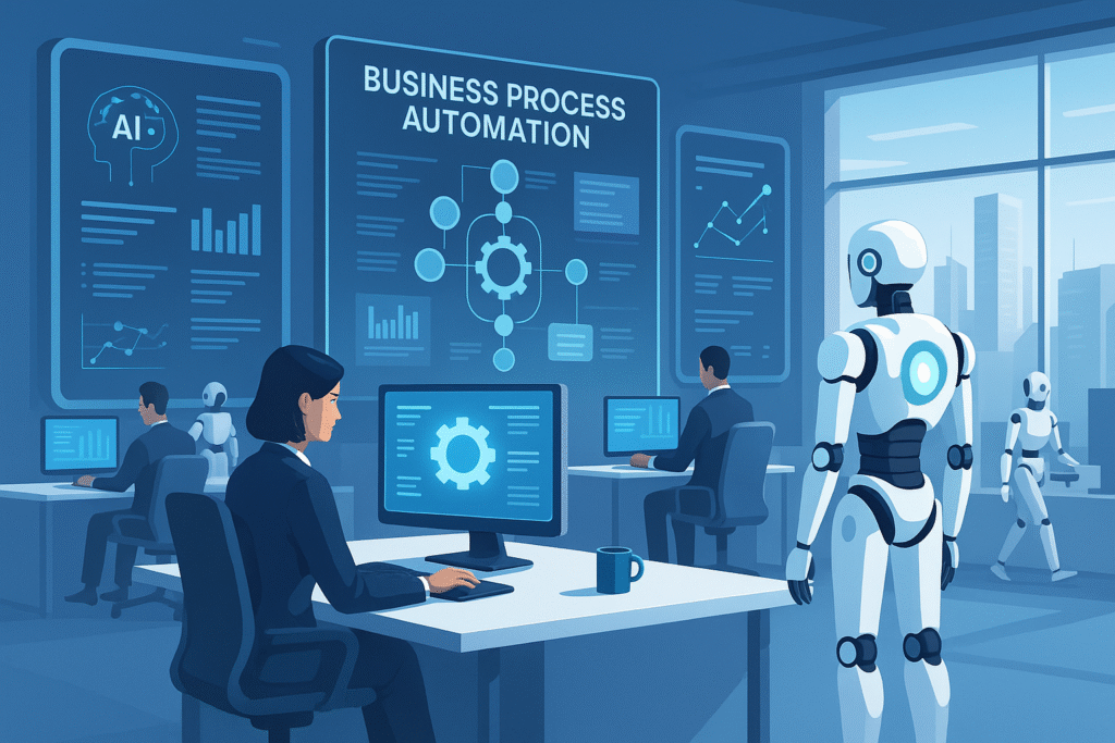 Futuristic office in 2025 showcasing business process automation with AI-driven workflows and automated assistants.